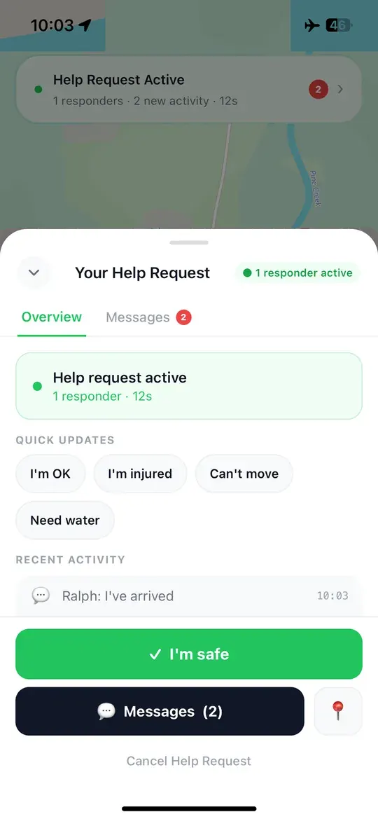Nelos Need Help screen, sharing status and location with your group
