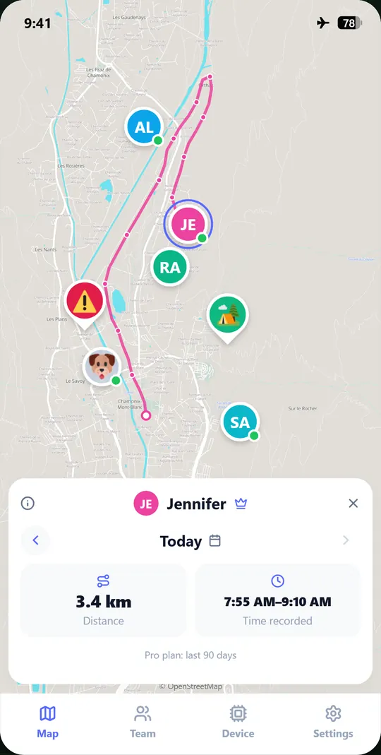Nelos location history showing Jennifer’s trail on the offline map, distance, and recording time
