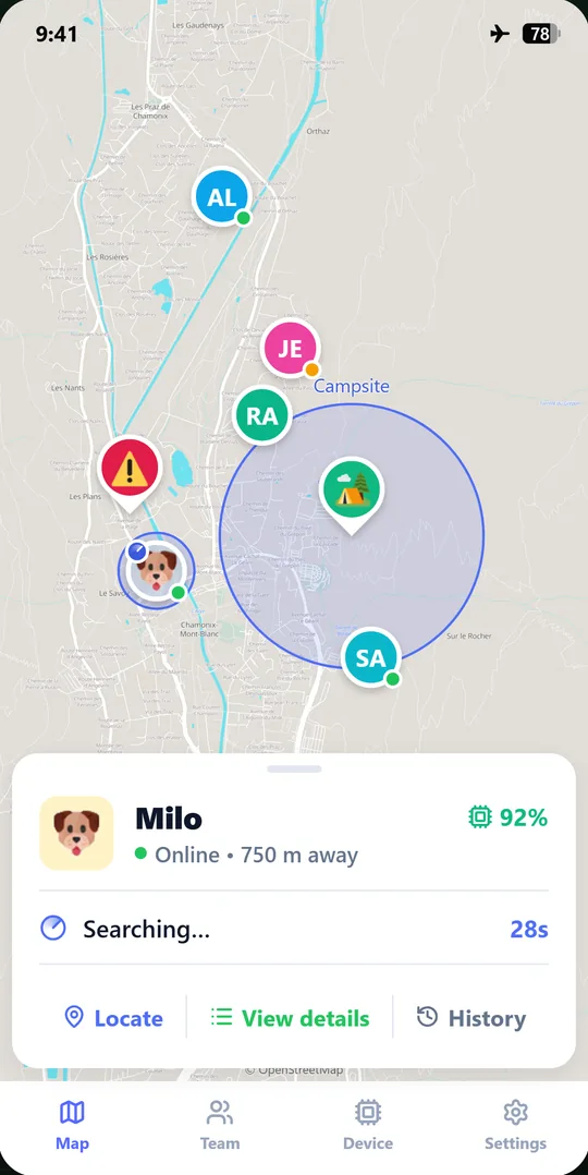 Nelos map with a Safe Zone around the campsite and Milo’s dog tracker in Find Mode, waiting for a fresh location